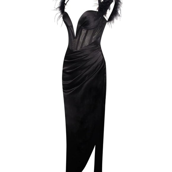 Rina Elegant Black Satin Evening Gown with Feather Shoulder Details High Slit - Picture 7 of 11
